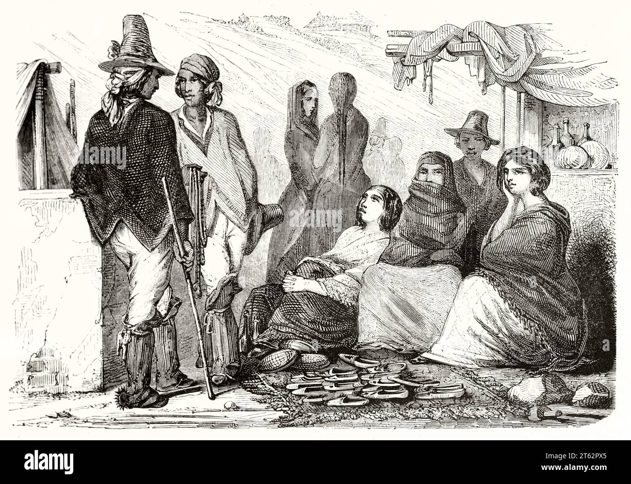 Alte Illustration von Menschen in Valparaiso, Frau, die Schuhe verkauft, Chile. Von Radiguet, publ. Auf Magasin Pittoresque, Paris, 1849 Stockfoto