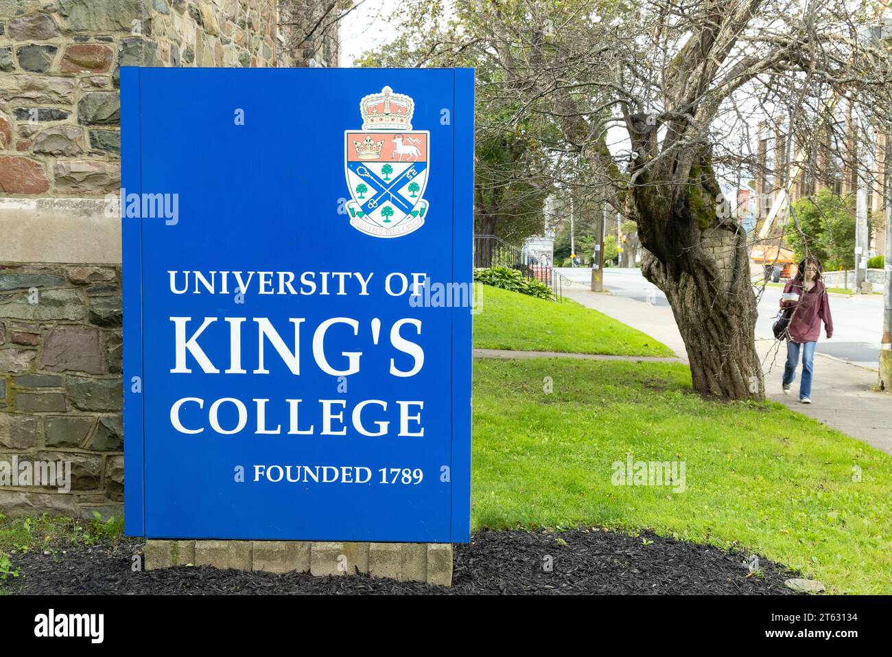 University of Kings College, Halifax Nova Scotia Kanada. Schild vor den Universitätsgebäuden; Canada University Education. Stockfoto