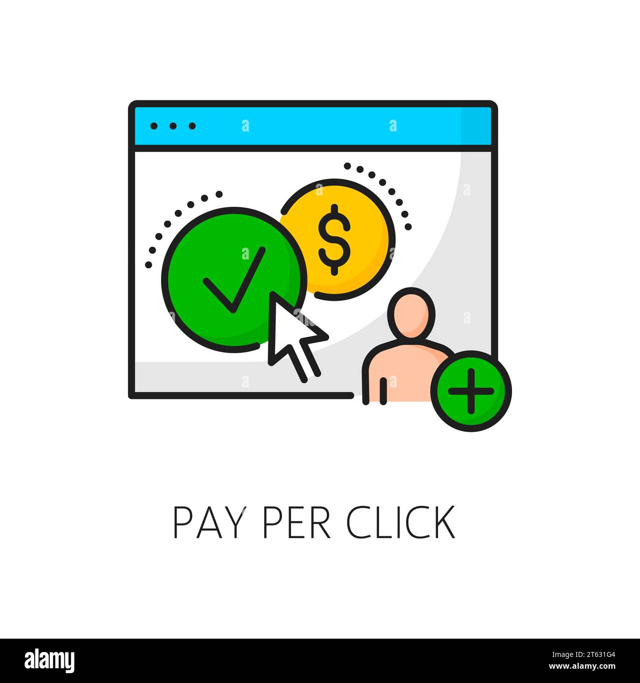 Pay per Click SEM, Suchmaschinenmarketing dünne Linie Symbol der Vektor-PPC-Werbung. Website-Übersicht, goldene Online-Geldmünze mit Dollarsymbol und Pfeilcursor, digitales Marketing, E-Commerce Stock Vektor