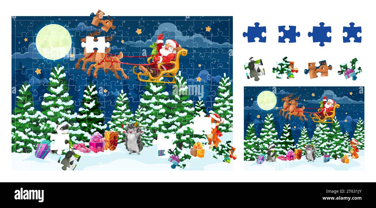 Weihnachts-Puzzle-Spielsteine. Karikaturvektor-pädagogisches Arbeitsblatt für Vorschulkinder mit lustigem Weihnachtsmann Reit Hirschschlitten über Nacht Fantasy Wald mit Geschenken auf Schnee und Tiere Stock Vektor