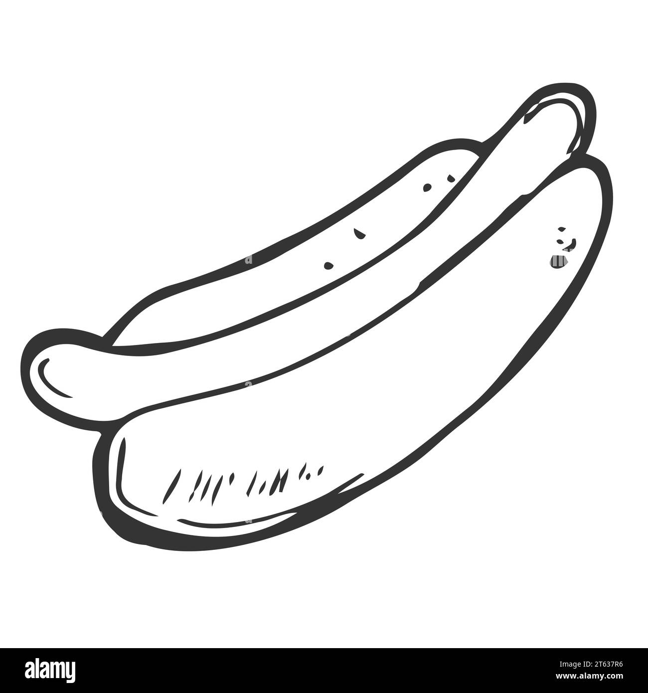 Vektorabbildung. Handgezeichnetes Kritzelchen von Hot Dog mit Senf. Ungesunde Nahrung. Zeichentrickskizze. Dekoration für Menüs, Schilder, Vitrinen, Begrüßung Stock Vektor