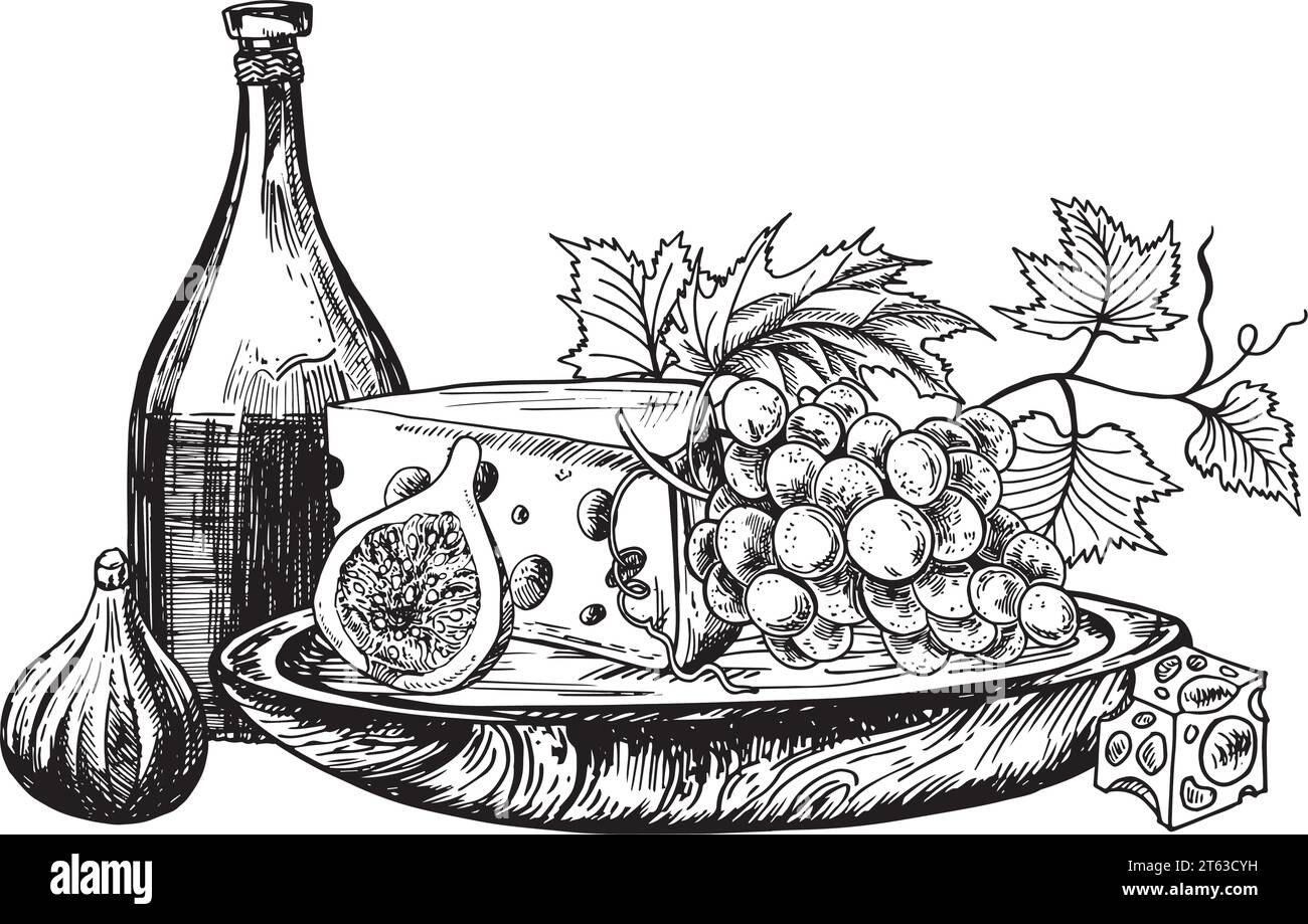 Vektorsatz mit Skizzen von Getränken und Speisen auf weißem Hintergrund. Weinflasche Weinrebe, Obst, ein Stück Käse und die Zweige der Rebe. Menü Stock Vektor