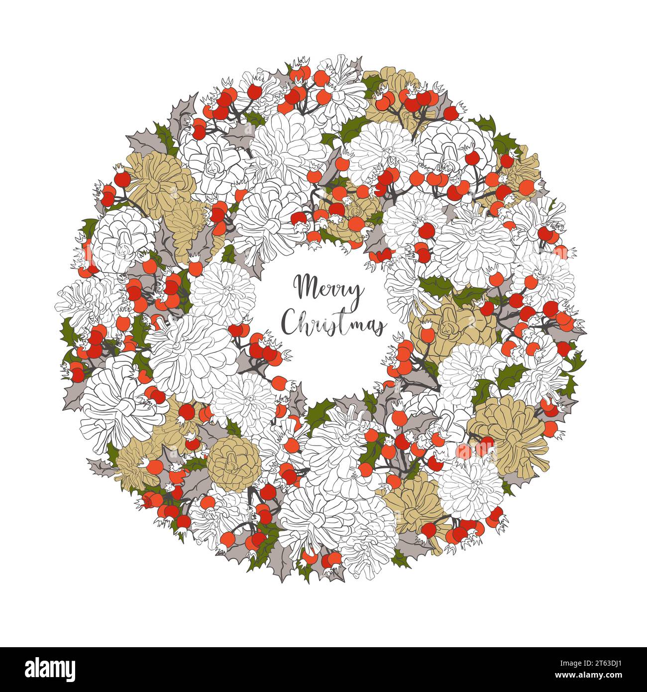 Weihnachtskranz mit grünen Zweigen, roten Beeren und Tannenzapfen. Einzigartiges Design für Ihre Grußkarten, Banner, Flyer. Vektorillustration in modernen s Stock Vektor