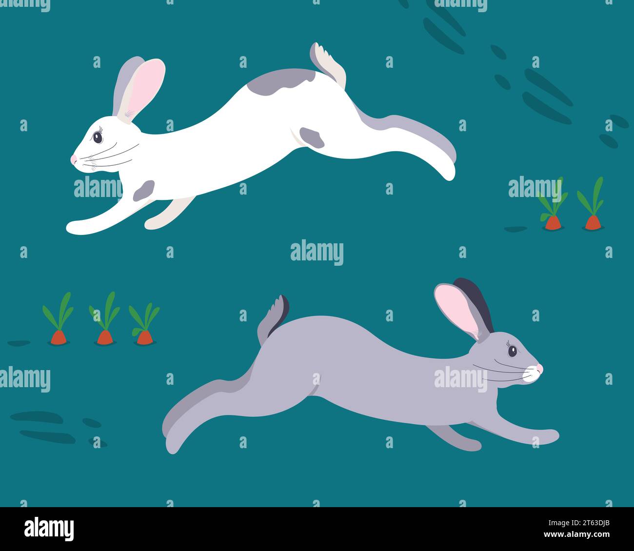 Vektorgrafiken von zwei Kaninchen auf einem Karottenbett. Illustration von weiß- und grau laufenden Kaninchen in einem Gemüsegarten. Pelztiere auf dem grünen Gras Stock Vektor
