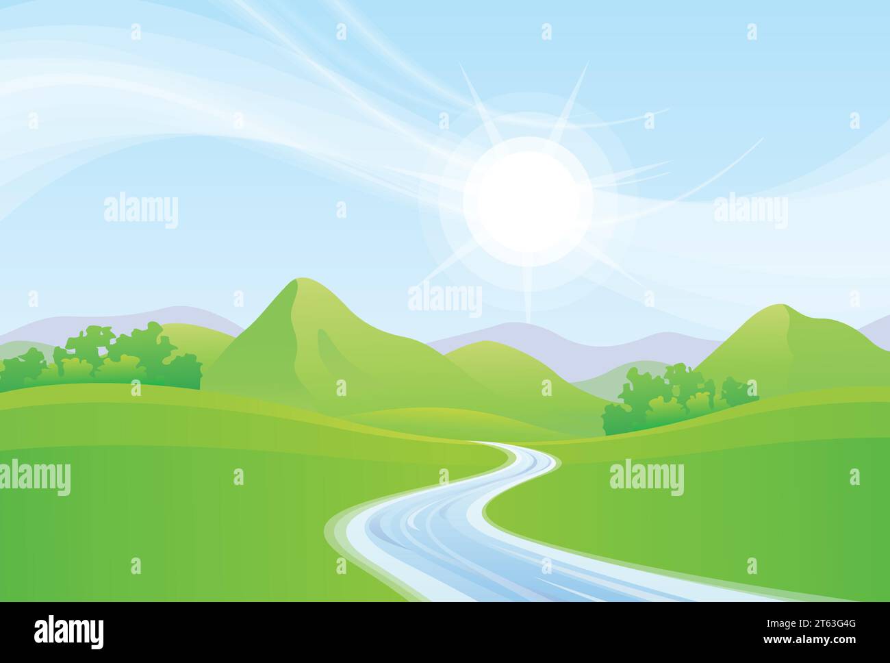 Schöne grüne Wiesen und Berglandschaft mit fließendem Fluss Fluss klares blauer Himmel Vektor Hintergrund Stock Vektor