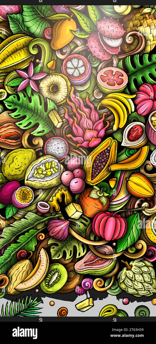 Cartoon Vektor Kritzele tropische Früchte Banner Hintergrund. Lustige Naturkost bunte Illustration. Stock Vektor