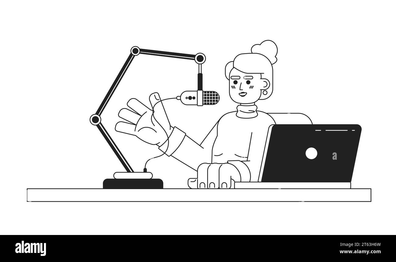 Kaukasische Frau sprechender Mikrofonständer Laptop schwarz-weiße 2D-Zeichentrickfigur Stock Vektor