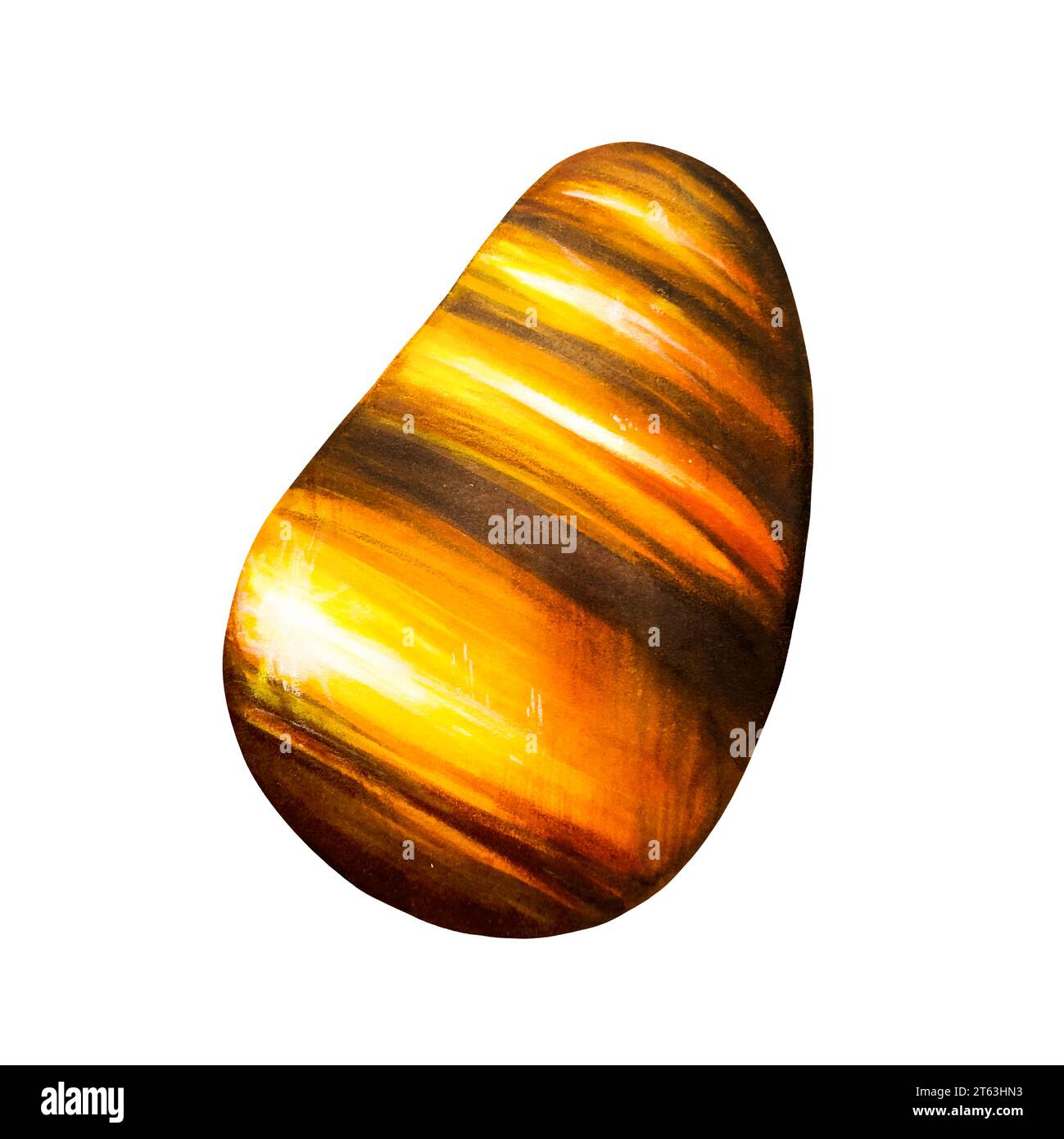 Aquarell handgezeichneter Stein für Solarplexus Chakra Tiger's Eye. Natürliche heilende Illustration mit Talisman und Kristall isoliert auf weißem Hintergrund. Stockfoto