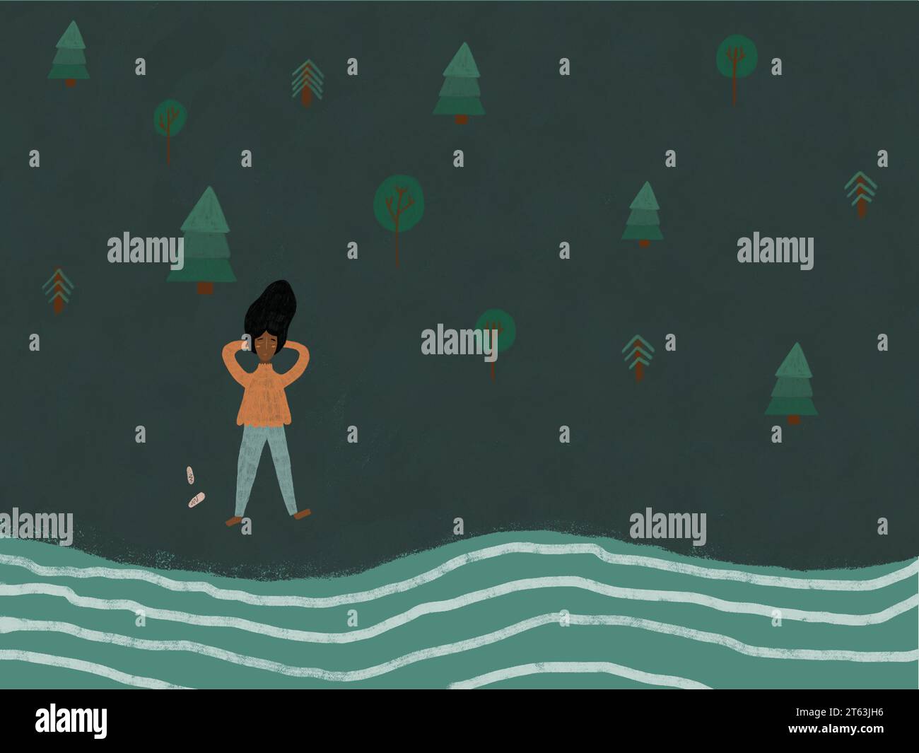 Illustration einer jungen Frau, die an der Küste steht und ihr Haar anpasst, umgeben von Bäumen und Wellen auf dunklem Hintergrund Stockfoto