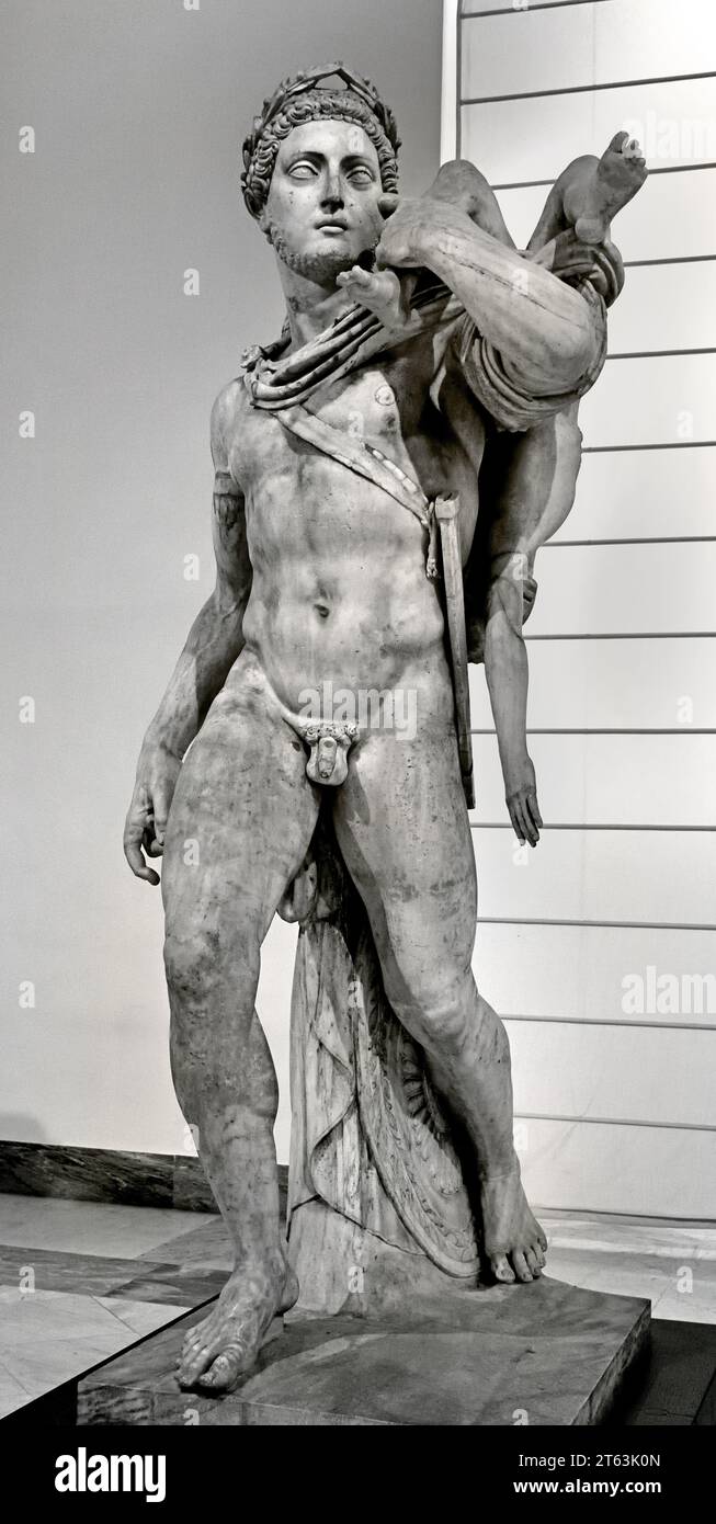 Griechischer Held mit Kind - Neoptolemus und Astyanax - Archäologisches Nationalmuseum von Neapel Italien. Roman (2. Jahrhundert) Stockfoto