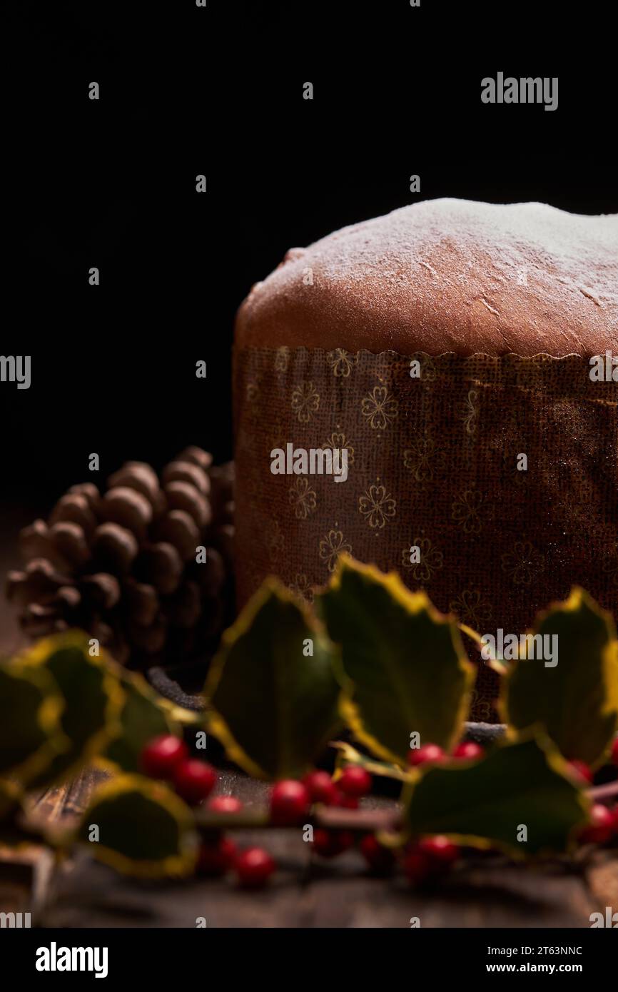 Aus nächster Nähe eine traditionelle Panettone-Platte, die ihre strukturierte Oberfläche mit einem sanften Spritzer Puderzucker zeigt und ihre handwerkliche Qualität unterstreicht Stockfoto