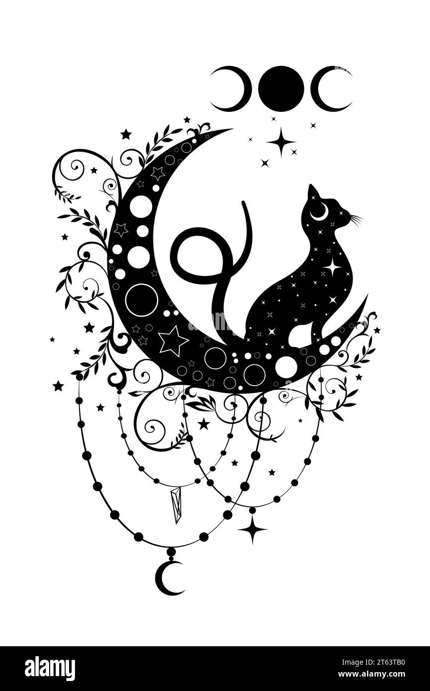 Mystische schwarze Katze über himmlischem Halbmond und dreifacher Göttin, Hexensymbol, Hexerei-Tattoo mit esoterischem Logo. Vektor-esoterische wiccan-Clipart Stock Vektor