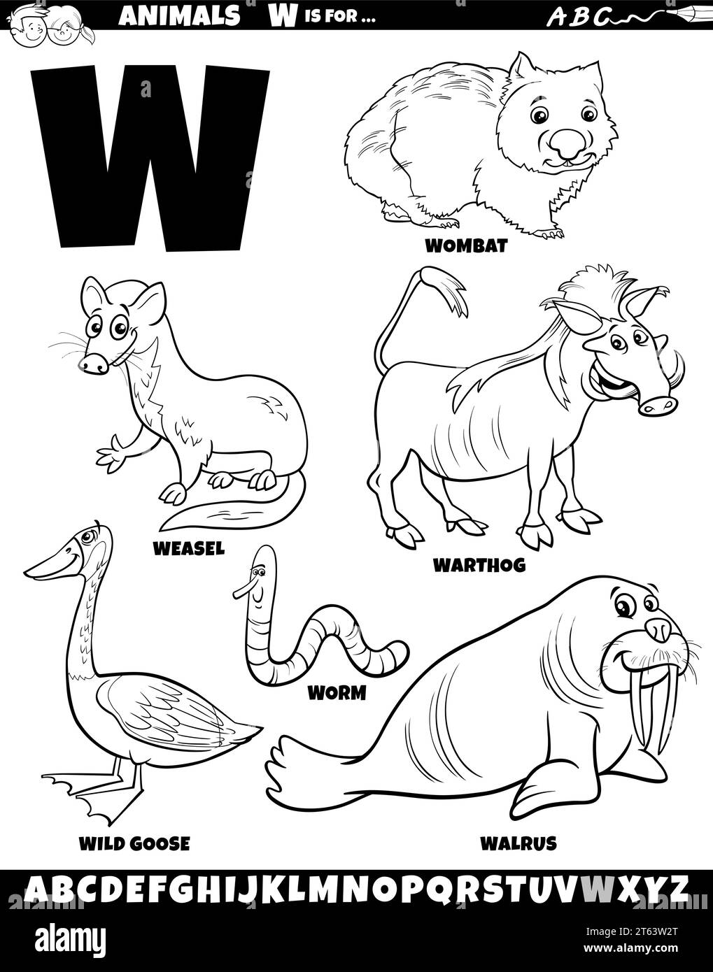 Zeichentrickillustration von Tierzeichen, die für die Ausmalseite des Buchstabens W festgelegt sind Stock Vektor
