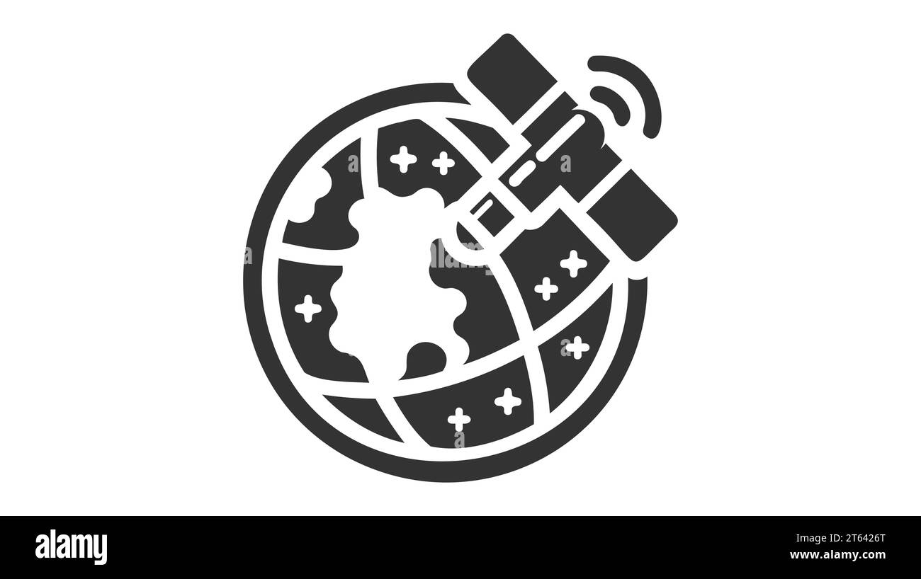 Künstlicher Satelit in der Erdumlaufbahn. Flacher STYLE. Auf weißem Hintergrund. Dünne Linie. Stock Vektor