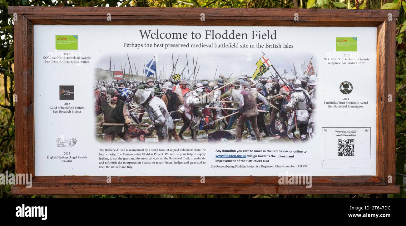 Historische Touristeninformationstafeln am Flodden Field, Ort der Schlacht von Flodden am 9. September 1513, Branxton, Northumberland, England, Vereinigtes Königreich Stockfoto