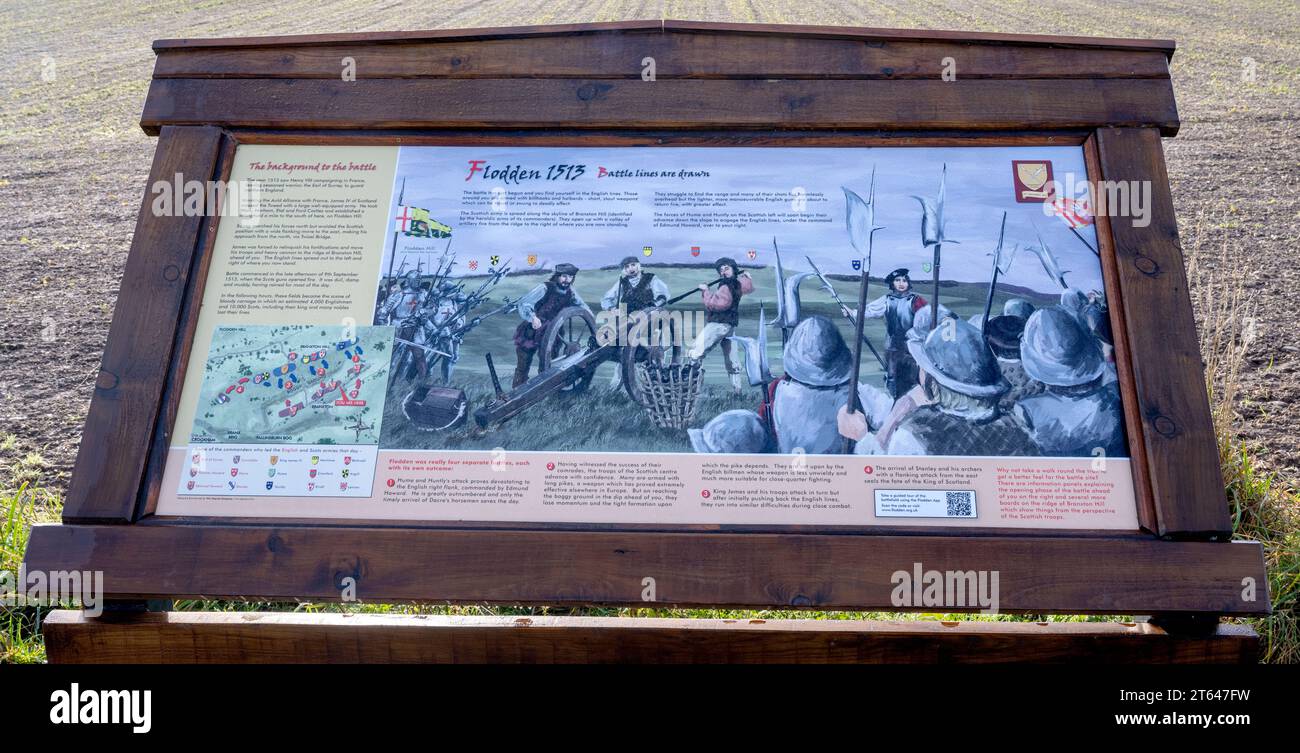 Historische Touristeninformationstafeln am Flodden Field, Ort der Schlacht von Flodden am 9. September 1513, Branxton, Northumberland, England, Vereinigtes Königreich Stockfoto