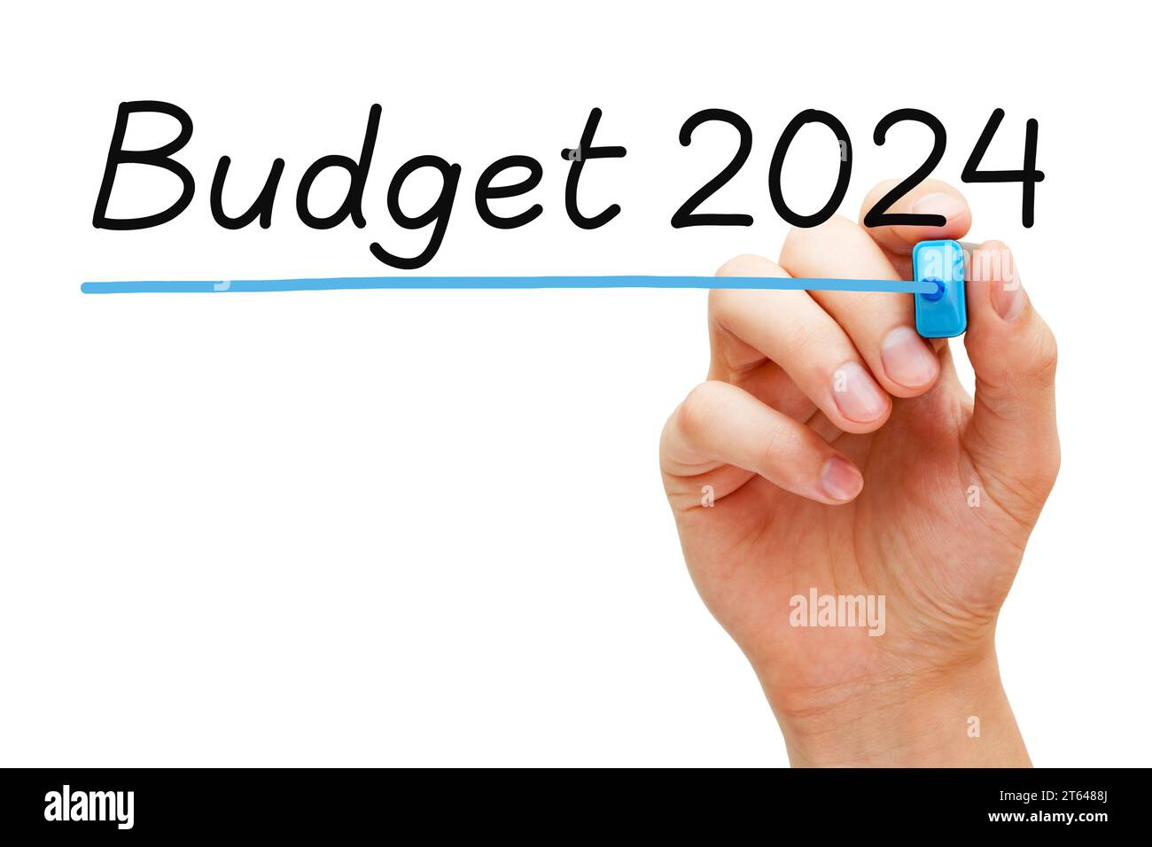 Handschrift Budget 2024 Jahre Finacial Concept mit blauem Marker auf transparentem Wischbrett isoliert auf weißem Hintergrund. Stockfoto