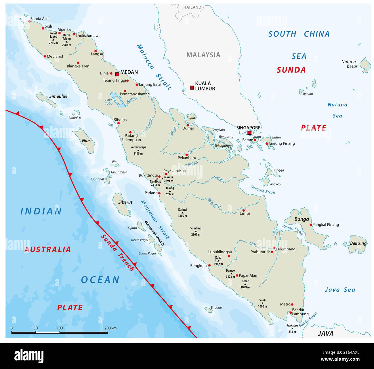 Karte des Sunda-Grabens vor der Westküste von Sumatra, Indonesien Stockfoto