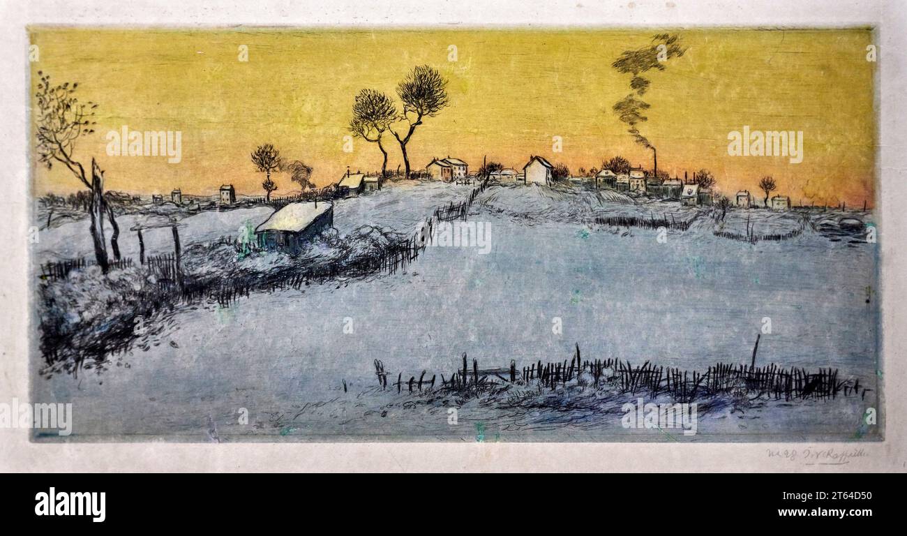 La neige, soleil Couchant - acquaforte a puntasecca - Jean Francois Raffaelli - 1896 - collezione privata Stockfoto