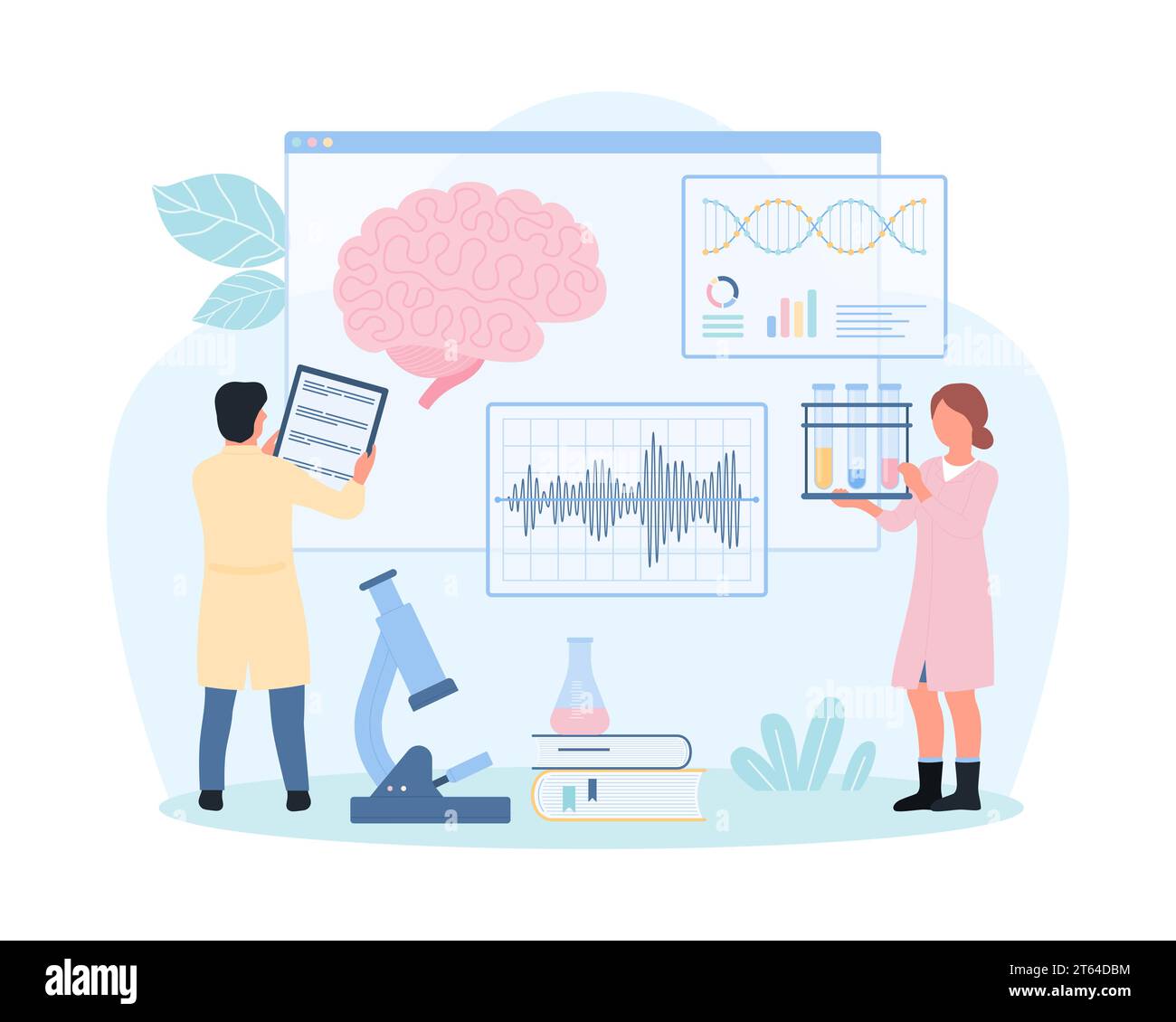 Medizinische Hirnstudie, neurologische Vektorillustration. Cartoon Tiny People erforschen menschliche Gehirnanatomie auf Diagramm, Neurologen testen Nerven und Nervensystem während der medizinischen Untersuchung im Krankenhaus Stock Vektor