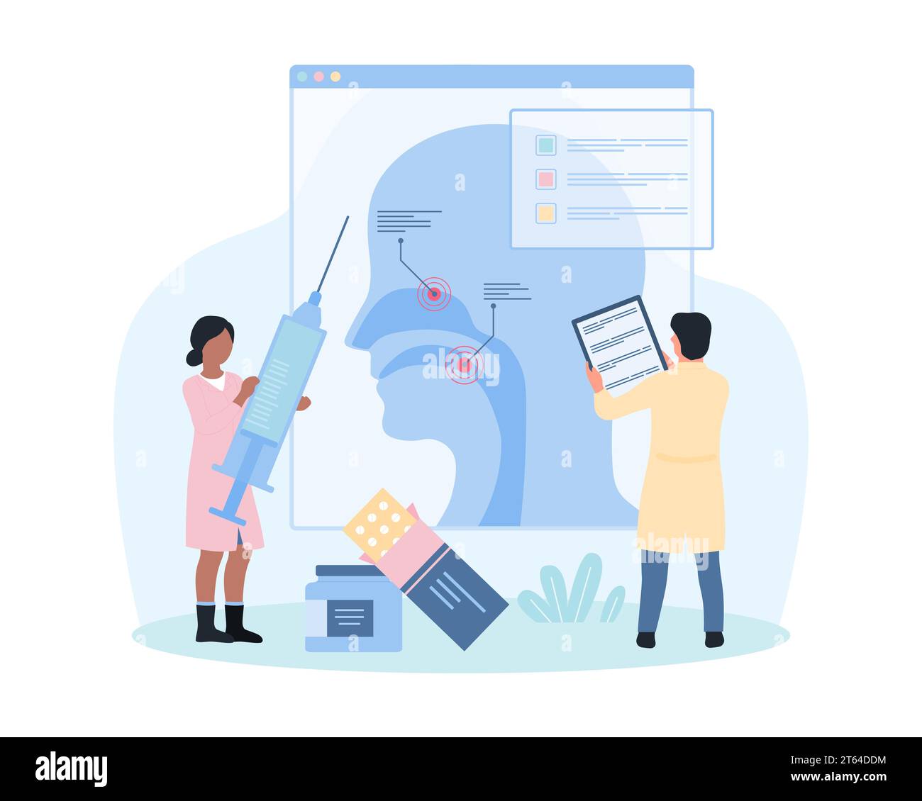 HNO-Klinik, HNO-Vektorillustration. Cartoon winzige HNO-Ärzte studieren medizinische Anatomie Infografik von Ohren, Hals und Nase, Ärzte analysieren das Atmungssystem des Patienten Stock Vektor