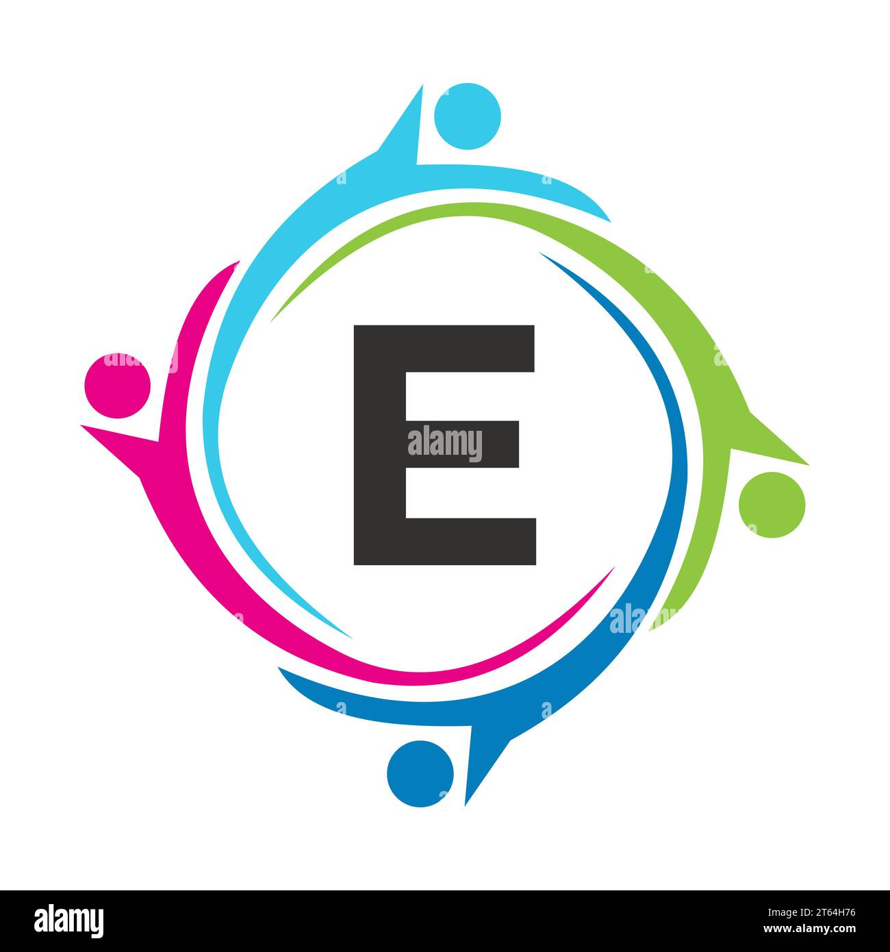 Buchstabe E Teamwork Logo Unite Symbol. Charity Sign Community Health Care Union Logotype Stock Vektor