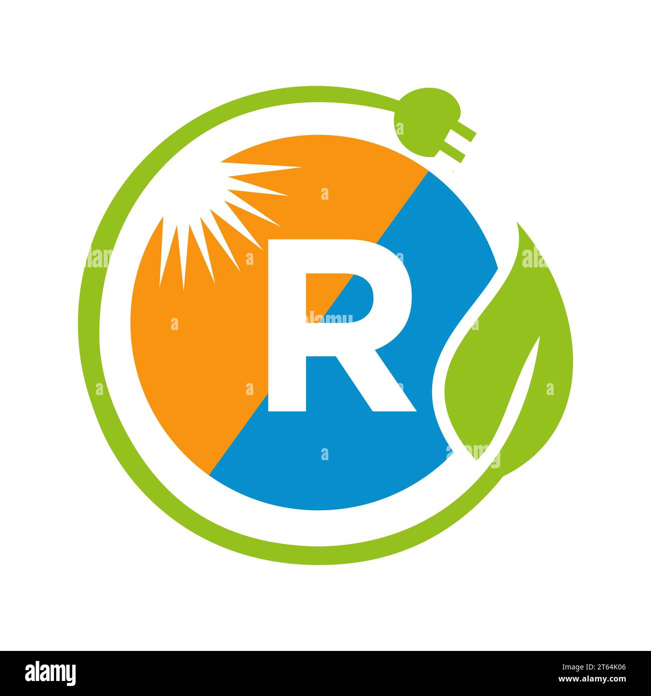 Letter R Solar Energy Logo Design Konzept mit Sonne, Blatt und Elektrostecker Solar Panel Vektor Vorlage Stock Vektor