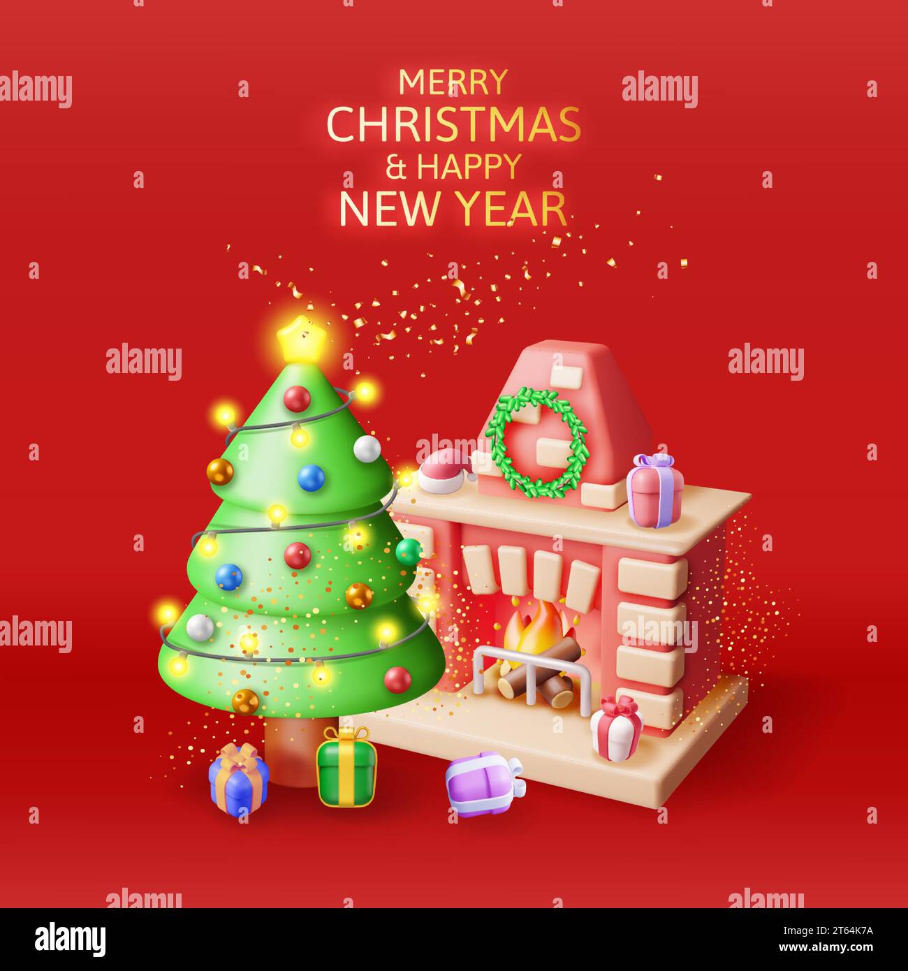 3D Red Brick Silvester Kamin isoliert Stock Vektor