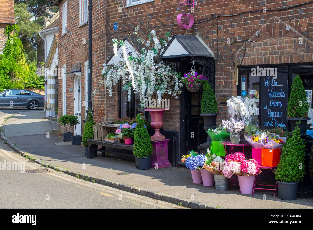 14. Juni 2023 die schöne Straßenausstellung mit Sträuchern und Blumen vor Devine's Floristen von Cookham Village in Maidenhead Berkshire. Stockfoto