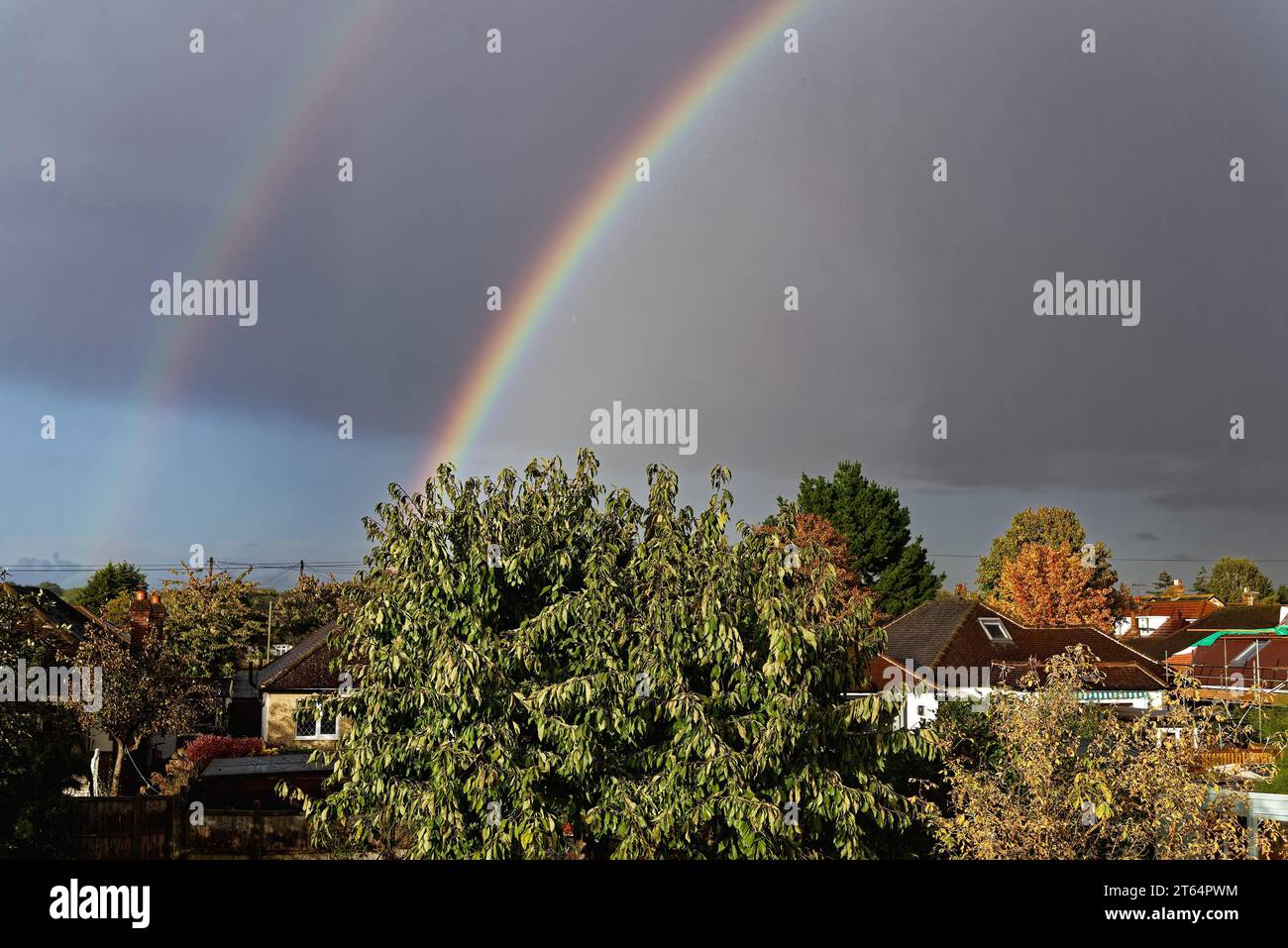 Regenbogen bildet sich vor einem grauen Himmel mit Baumkronen im Vordergrund Stockfoto