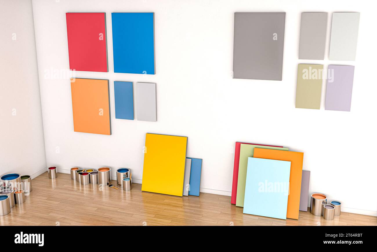 Farbtests an einer Wand in einem leeren Haus, Farbdosen. 3D-Rendering Stockfoto