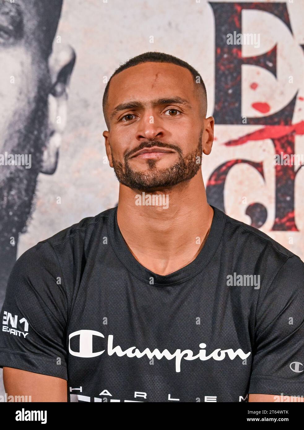 Brighton, Großbritannien. November 2023. Harlem Eubank (PIC) und Timo Schwarzkopf während der Pressekonferenz vor ihrem Super Lightweight Klassenkampf, die am Freitag, den 10. November 2023 in Brighton, East Sussex, im Brighton Centre stattfinden sollte. Quelle: LFP/Alamy Live News Stockfoto