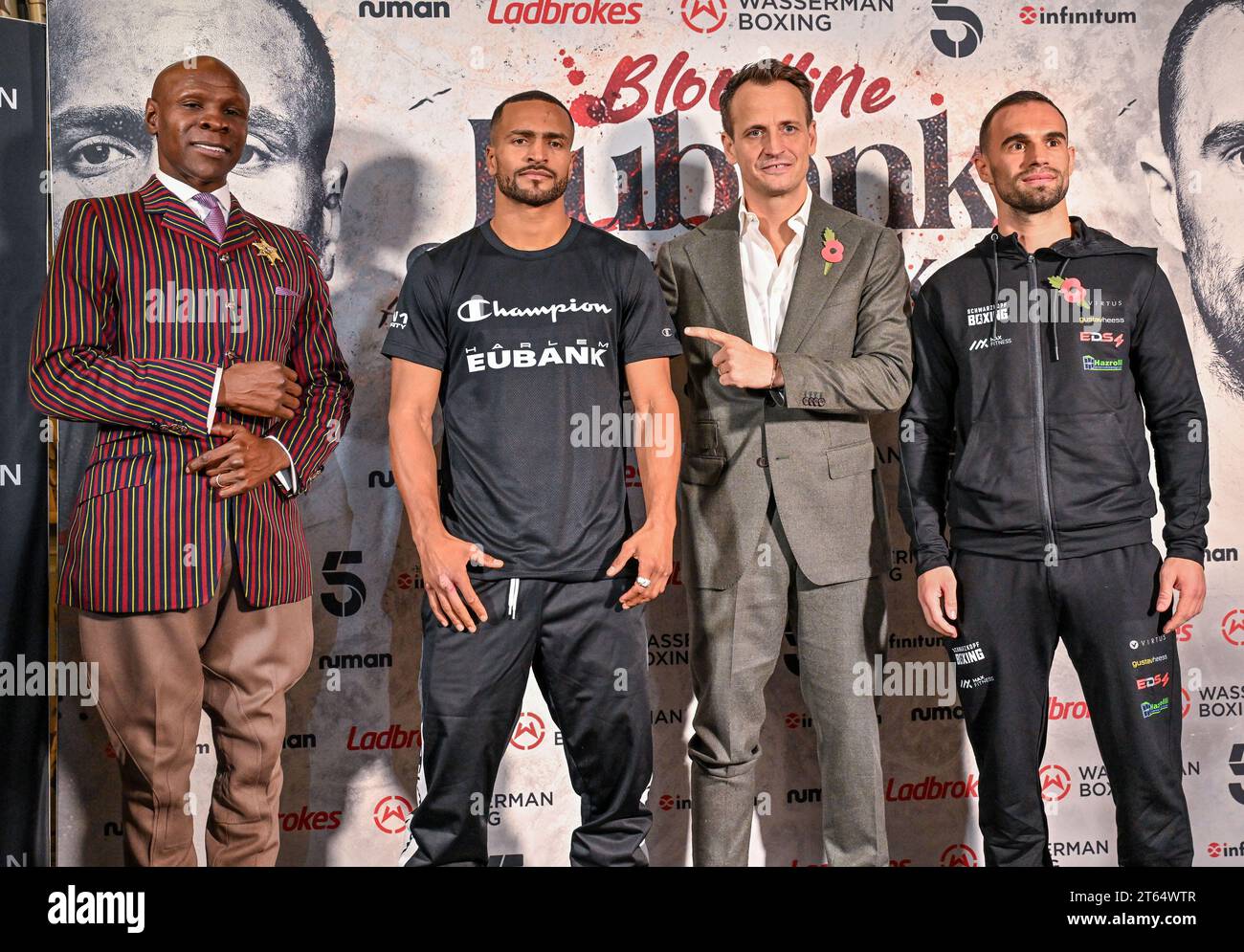 Brighton, Großbritannien. November 2023. (L-R) Chris Eubank, Harlem Eubank, Kalle Sauerland und Timo Schwarzkopf während der Pressekonferenz vor ihrem Super Lightweight Klassenkampf, der am Freitag, den 10. November 2023 im Brighton Centre in Brighton, East Sussex, stattfindet. Quelle: LFP/Alamy Live News Stockfoto