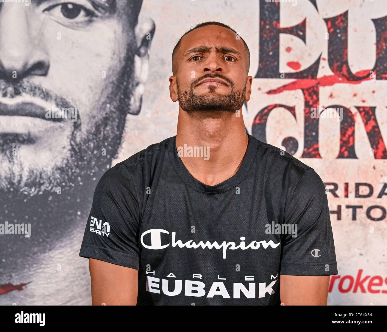 Brighton, Großbritannien. November 2023. Harlem Eubank (PIC) und Timo Schwarzkopf während der Pressekonferenz vor ihrem Super Lightweight Klassenkampf, die am Freitag, den 10. November 2023 in Brighton, East Sussex, im Brighton Centre stattfinden sollte. Quelle: LFP/Alamy Live News Stockfoto