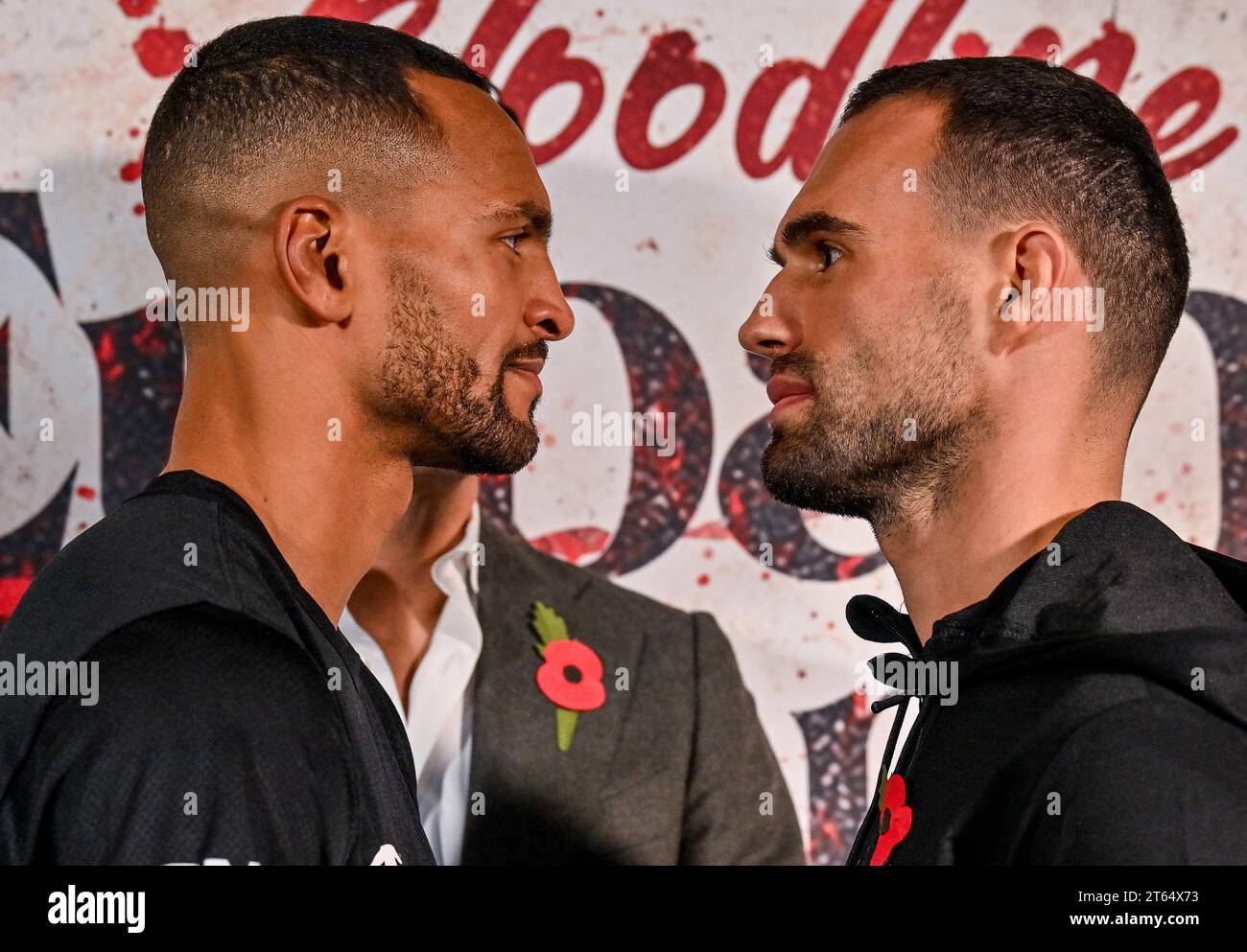Brighton, Großbritannien. November 2023. Harlem Eubank (L) und Timo Schwarzkopf (R) während der Pressekonferenz vor ihrem Super Lightweight Klassenkampf, der am Freitag, den 10. November 2023 in Brighton, East Sussex, im Brighton Centre stattfindet. Quelle: LFP/Alamy Live News Stockfoto