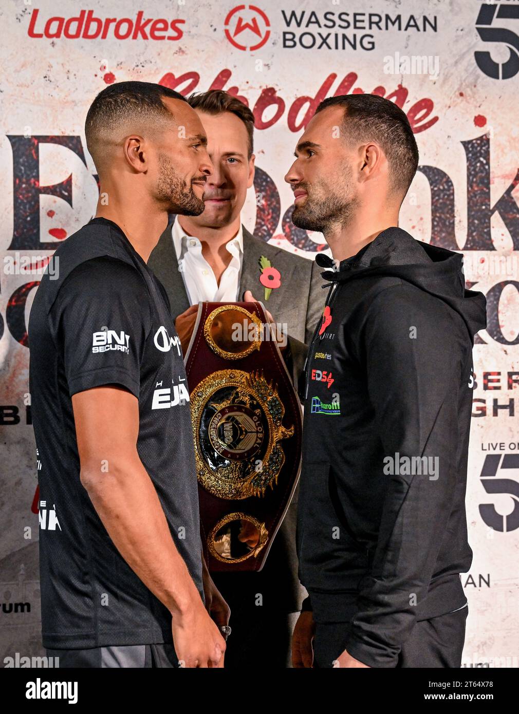 Brighton, Großbritannien. November 2023. Harlem Eubank (L) und Timo Schwarzkopf (R) während der Pressekonferenz vor ihrem Super Lightweight Klassenkampf, der am Freitag, den 10. November 2023 in Brighton, East Sussex, im Brighton Centre stattfindet. Quelle: LFP/Alamy Live News Stockfoto