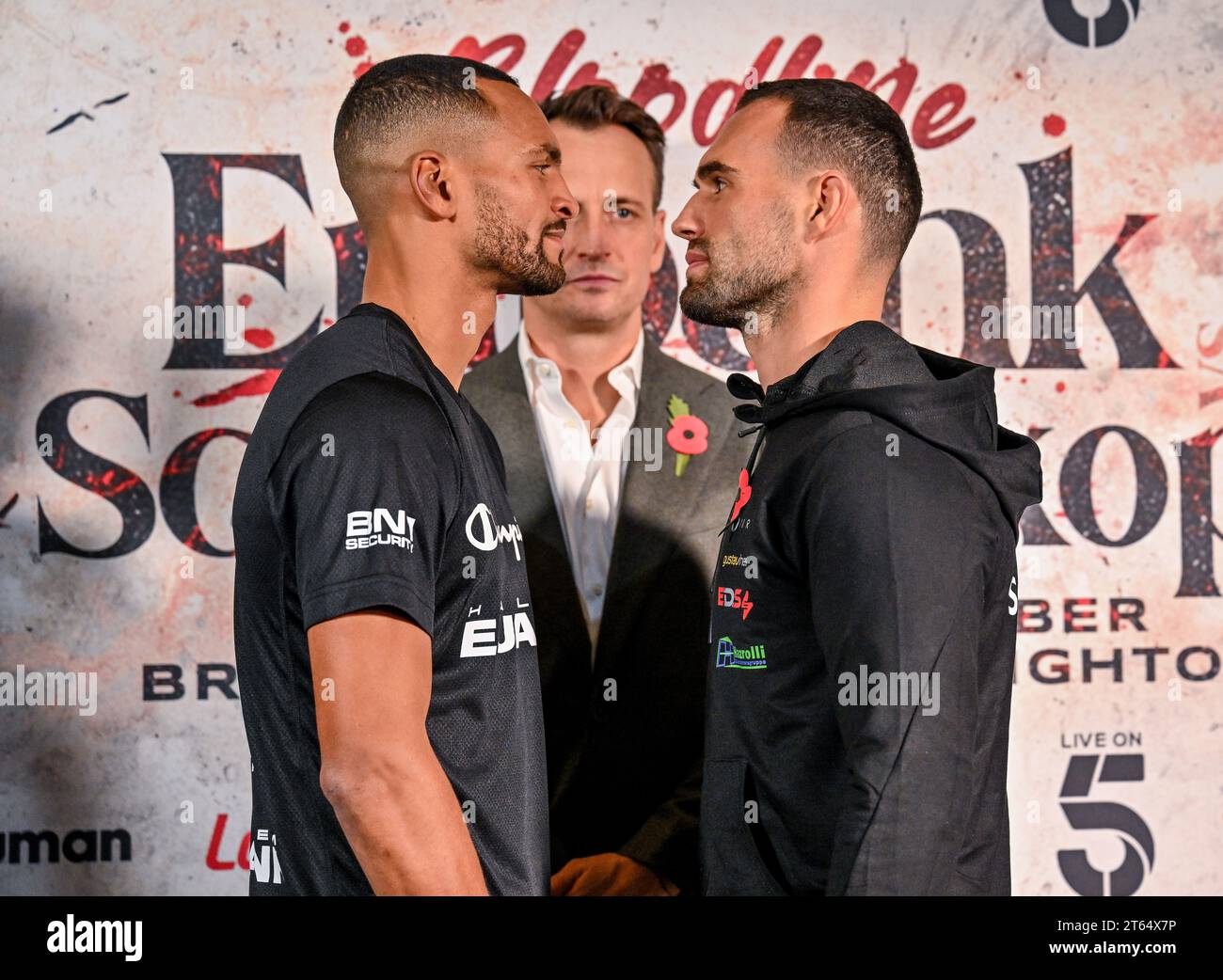 Brighton, Großbritannien. November 2023. Harlem Eubank (L) und Timo Schwarzkopf (R) während der Pressekonferenz vor ihrem Super Lightweight Klassenkampf, der am Freitag, den 10. November 2023 in Brighton, East Sussex, im Brighton Centre stattfindet. Quelle: LFP/Alamy Live News Stockfoto