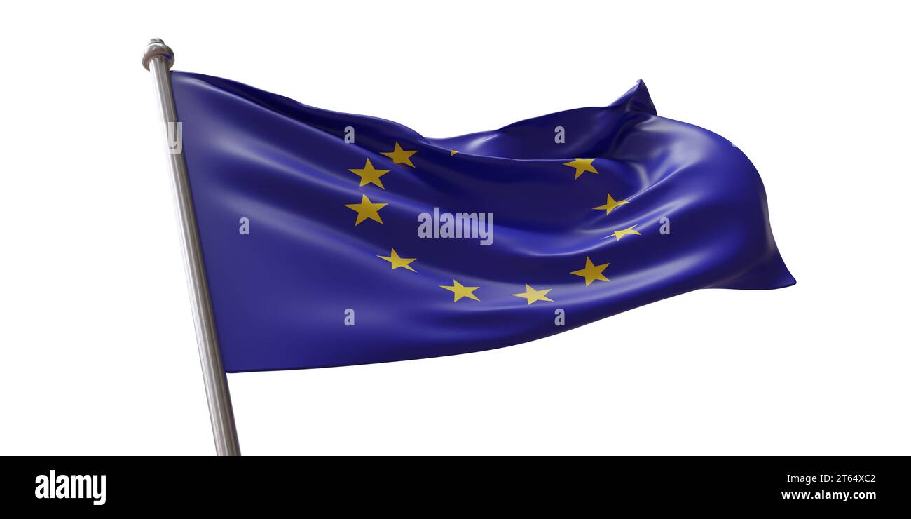 EU-Flagge winkt isoliert auf weißem transparentem Hintergrund Stockfoto