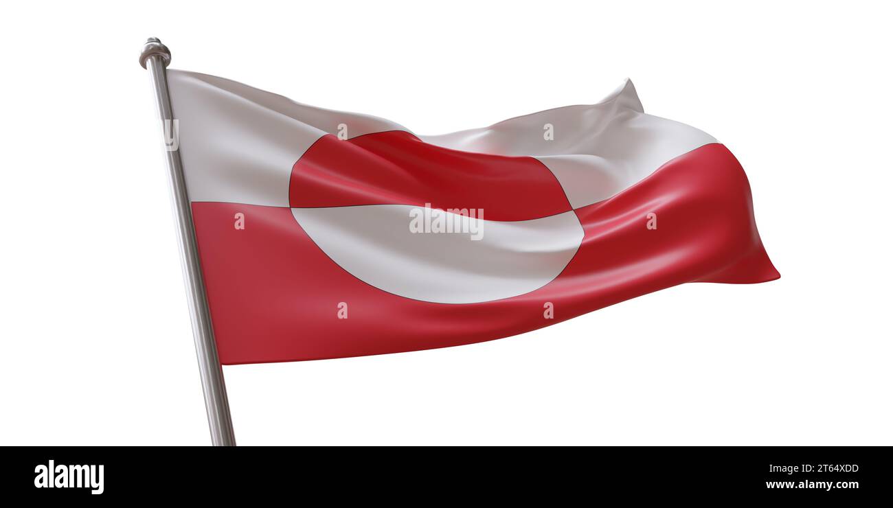 Grönländische Flagge winkt isoliert auf weißem transparentem Hintergrund Stockfoto