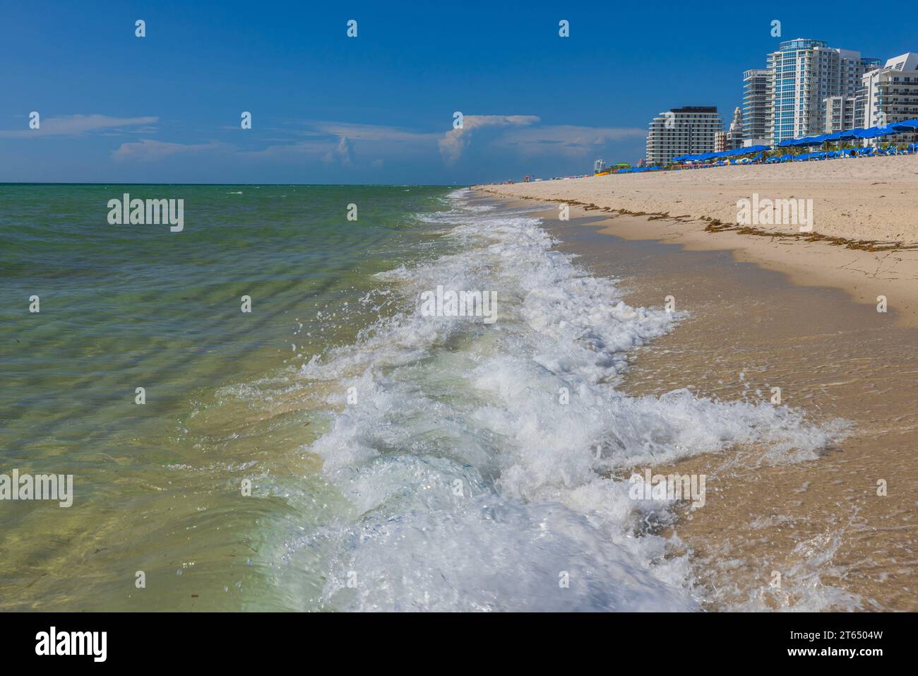 Faszinierender Anblick der Wellen des Atlantiks, die sanft auf die Sandküste von Miami Beach Rollen. USA. Stockfoto