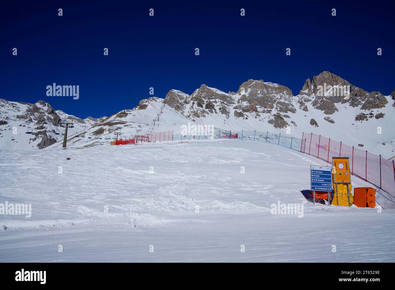 Skigebiet Passo San Pellegrino-Falcade, Tre Valli, Pala-Gruppe, Dolomitengruppe, Provinzen Belluno, Falcade, Belluno, Italien Stockfoto