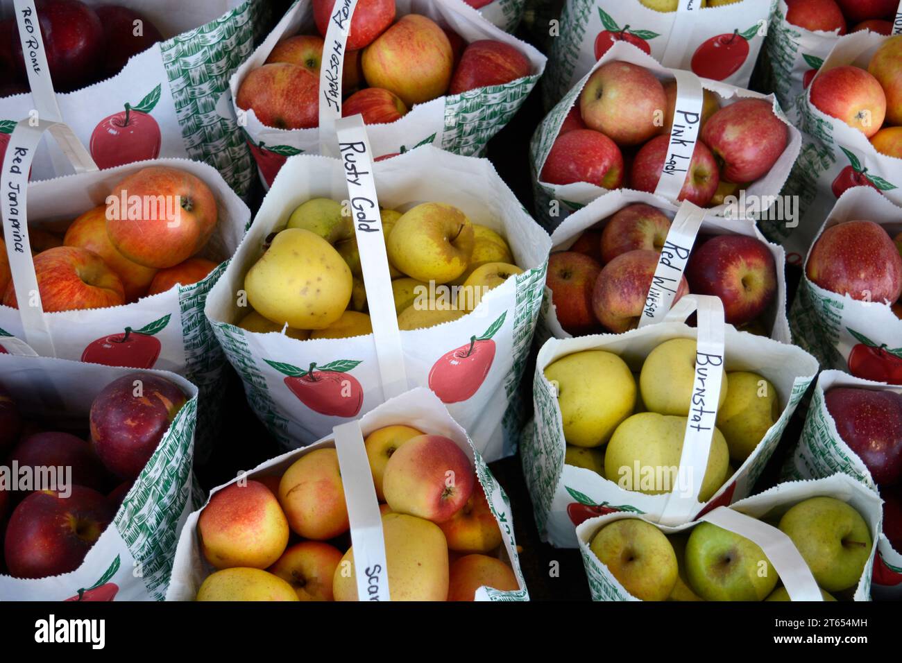 Körbe mit Äpfeln zum Verkauf auf einem Markt in Blowing Rock, North Carolina. Stockfoto