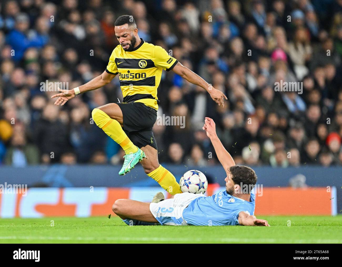 Manchester, Großbritannien. November 2023. Rúben Dias #3 der Manchester City-Rutsche kämpft gegen Meschack Elia #15 der Jungen, während des Spiels der Gruppe G am vierten Tag der UEFA Champions League im City of Manchester Stadium/Etihad Stadium, Manchester, England. (Kreditbild: ©Cody Froggatt/Alamy Live News) Stockfoto