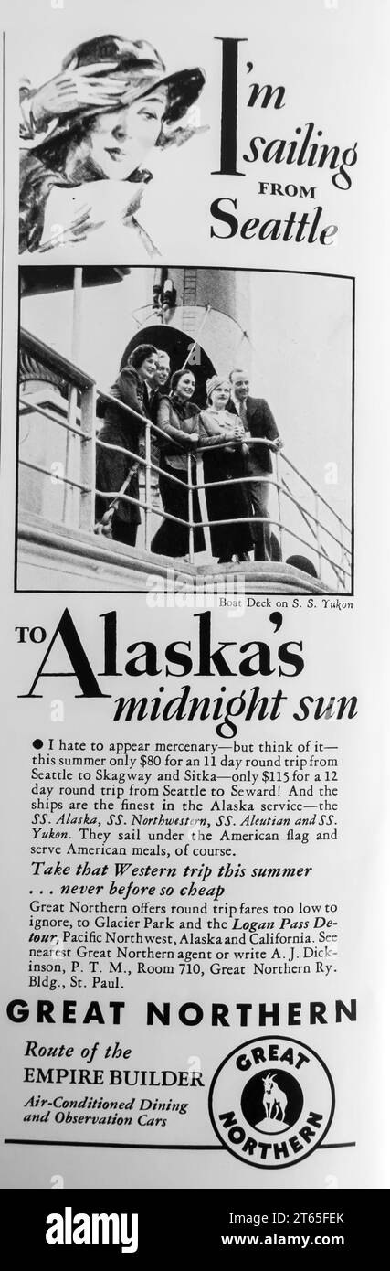 1934 Alaska Mitternachtssonne Reise mit Great Northern Werbespot Stockfoto