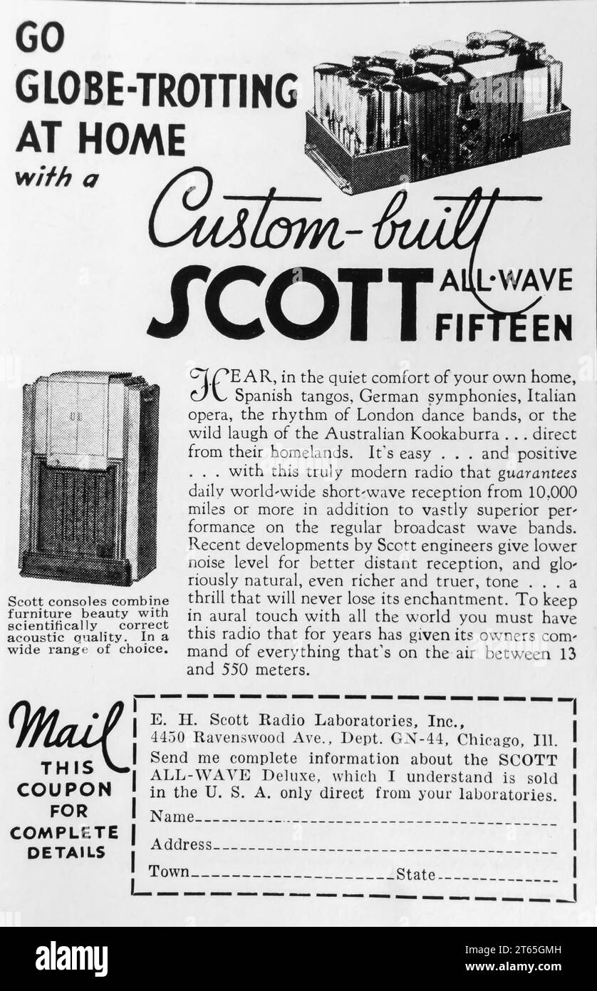 1934 Scott Konsole All-Wave Deluxe-Radio-Werbespot Stockfoto