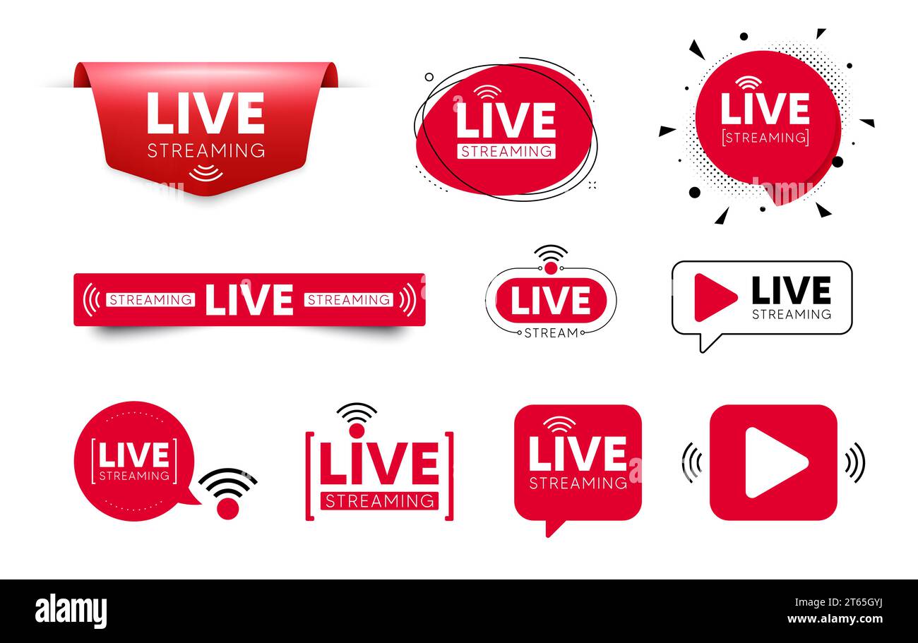 Symbole für Live-Streaming. Rote Schaltflächen für die Übertragung, Live-Online-Stream. Vorlage für Live-tv-Sendungen. Vektor Stock Vektor