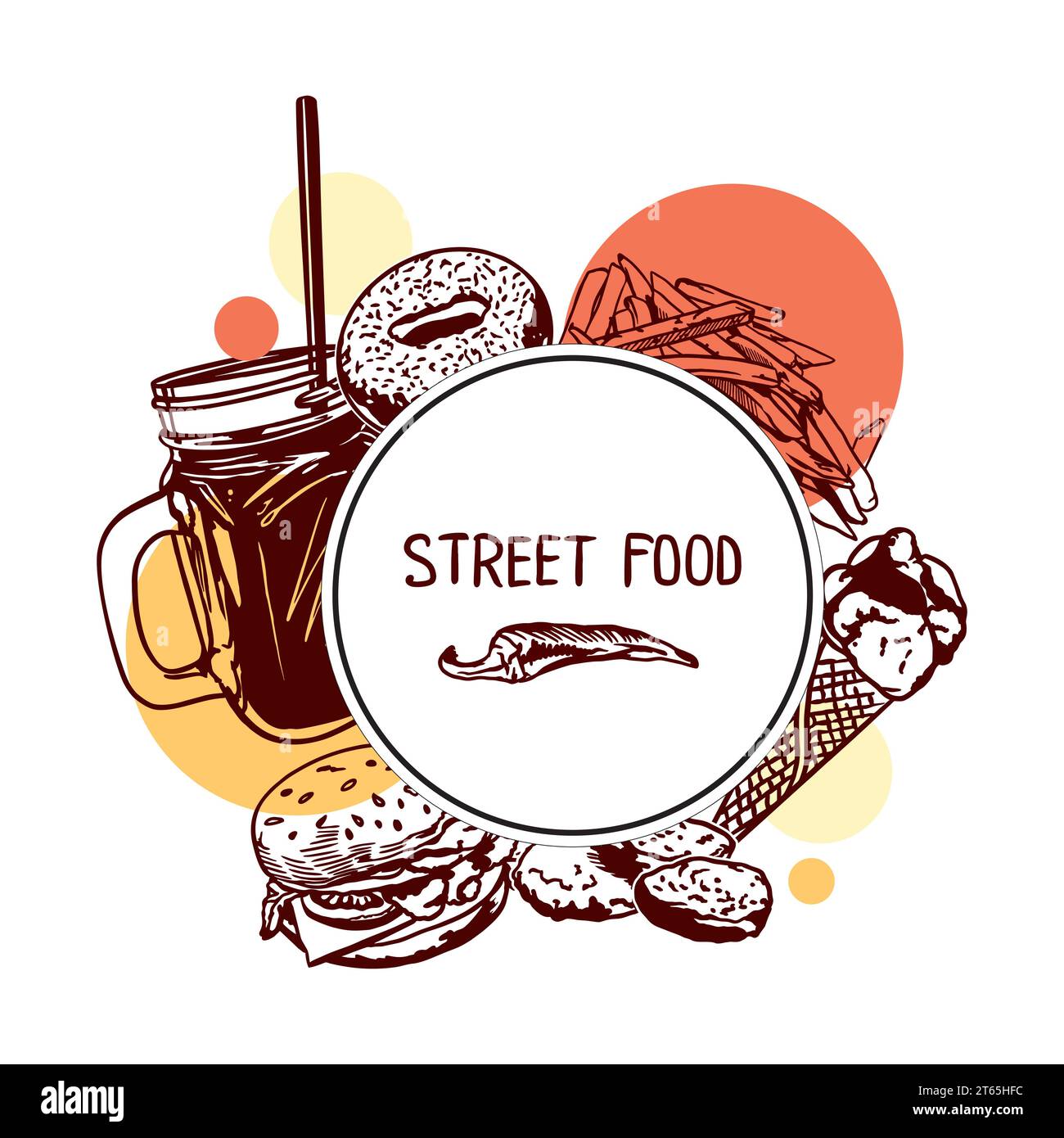 Burger, Pommes Frites, Donut, Eis, Saft, Nuggets. Vektor-Illustration eines Schildes für ein Street Food Festival. Menü mit Cafés, Restaurants, Bars. Stock Vektor