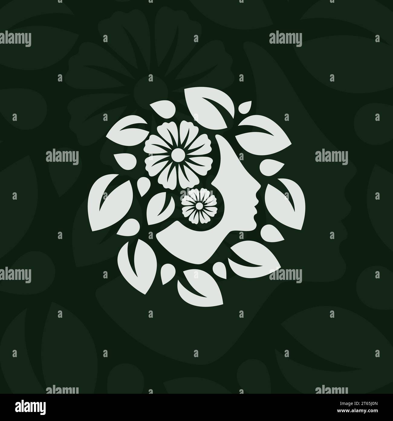 Gesichtsdesign für Damen – Silhouette mit botanischem Ornament und Logo. Vektorabbildung Stock Vektor