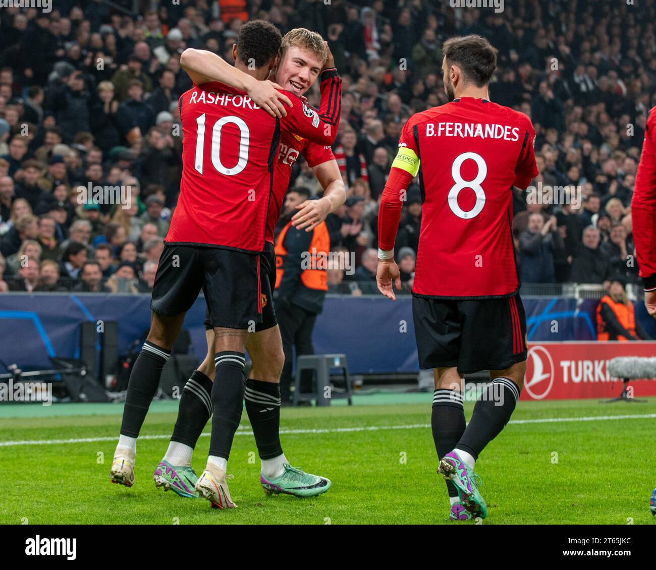 Kopenhagen, Dänemark. November 2023. Rasmus Højlund von Manchester United feiert am 8. November 2023 in Parken in Kopenhagen, Dänemark, Ein Torspiel zwischen FC Kopenhagen und Manchester United in der UEFA Champions League Gruppe (Foto: Andrew SURMA/ Credit: SIPA USA/Alamy Live News) Stockfoto