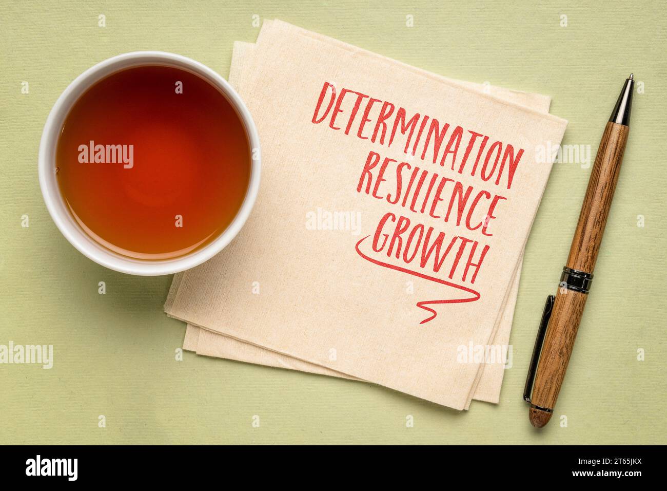 Entschlossenheit, Resilienz, Wachstum - Motivationsmachtworte auf einer Serviette mit einer Tasse Tee Stockfoto